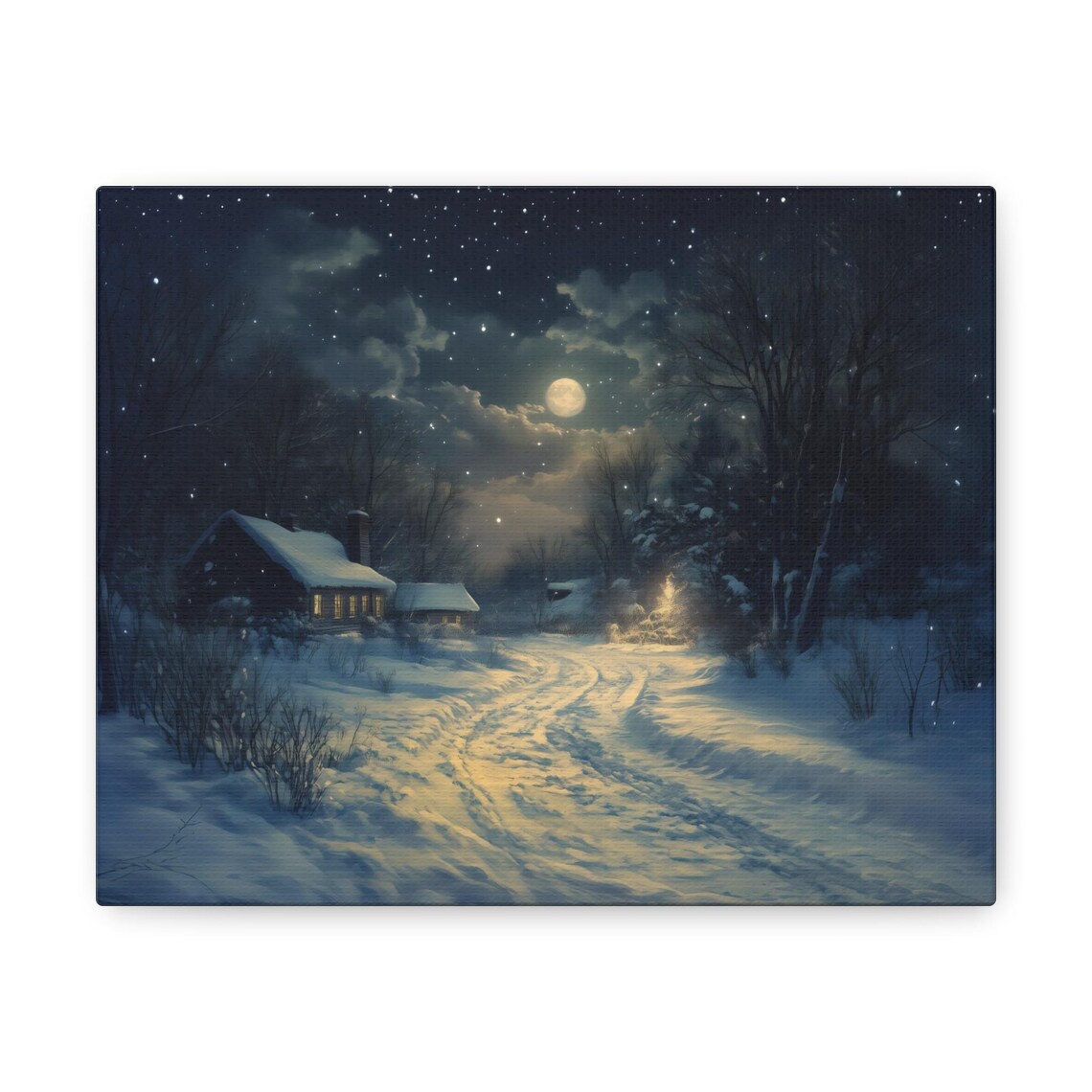 Full Moon Over Snow Covered Trail To Cozy Cabin In Winter Night Wall Art - Image 3