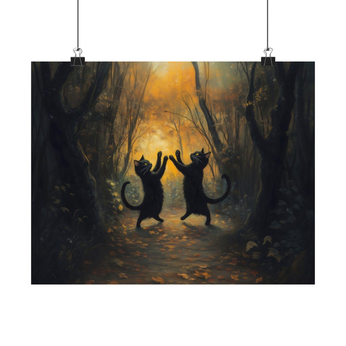 Two Black Cats Dancing in Enchanted Golden Autumn Forest Night Poster