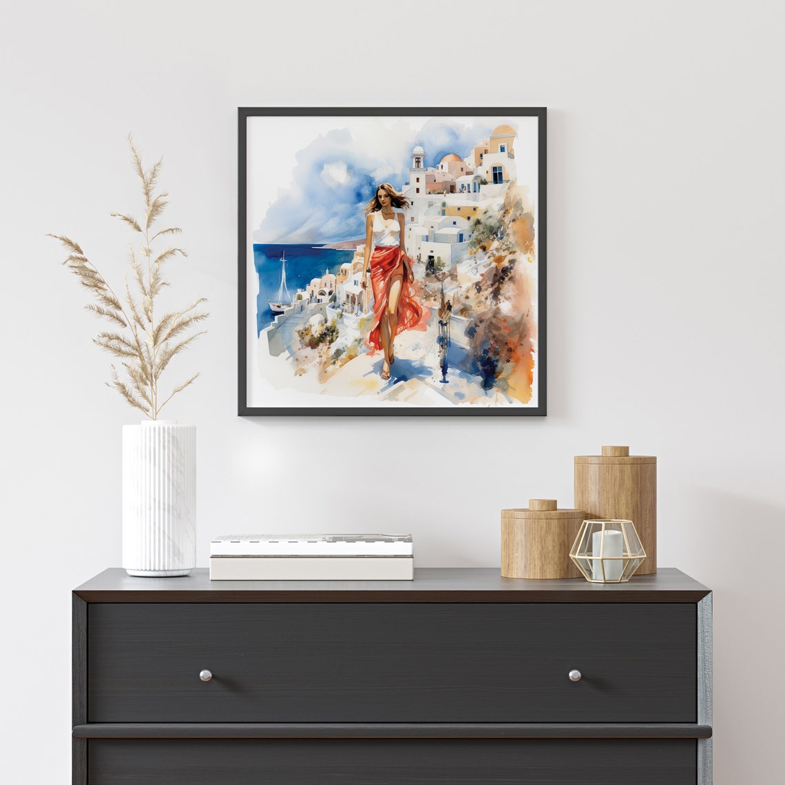 Beautiful Woman In Santorini Greece Framed Poster Santorini Greece Watercolor Poster Greece Watercolor Poster Travel And Fashion Poster - Image 4
