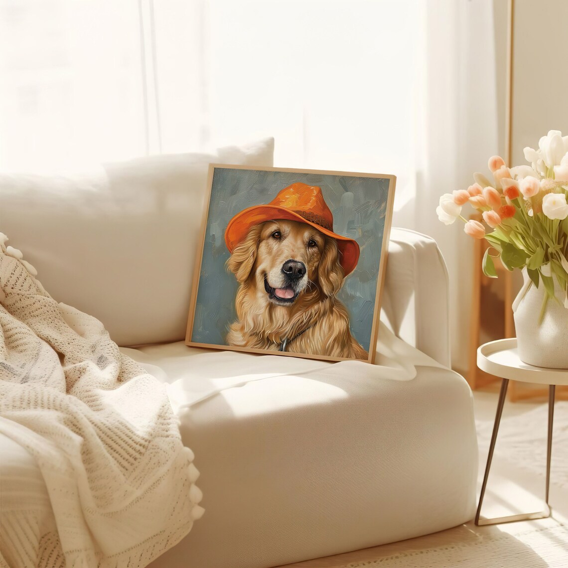 Golden Retriever Smiling Orange Hat Oil Painting Dog Portrait Poster - Image 3