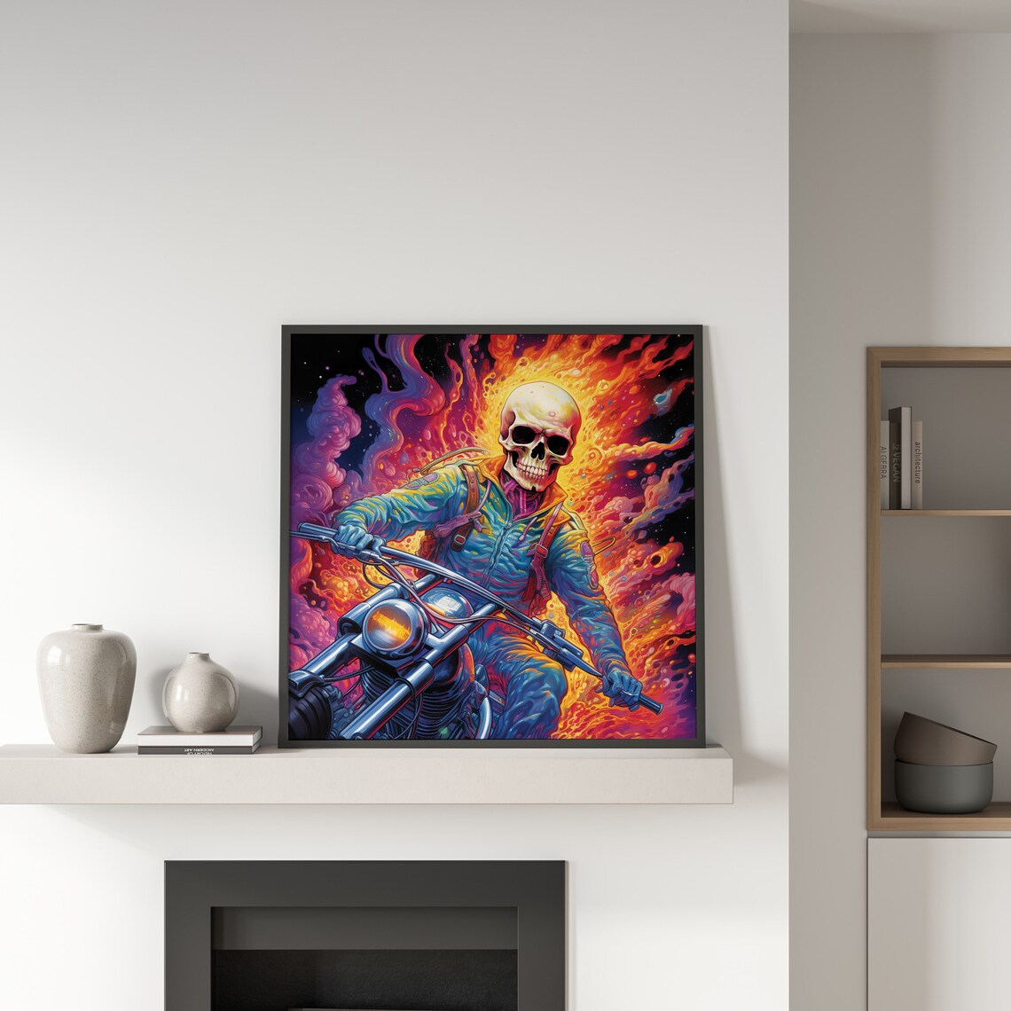 Flaming Skeleton Biker Psychedelic Fire Neon Rider Art Print - Image 4
