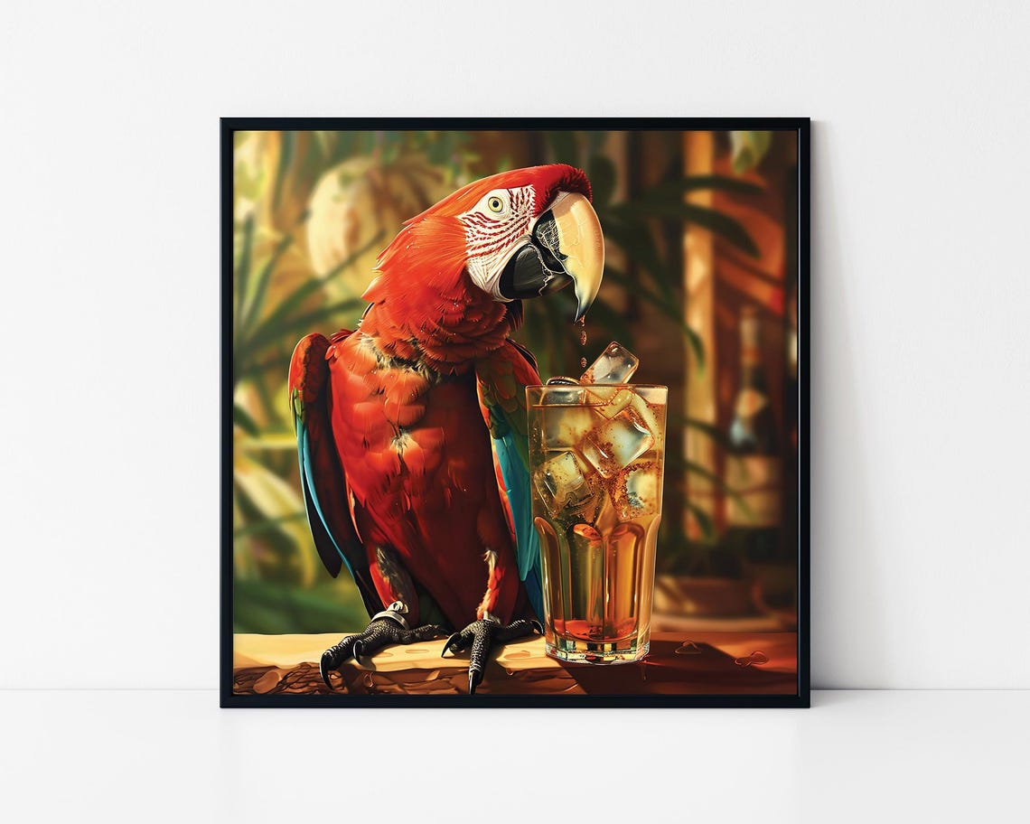 Red Macaw Parrot Drinking Iced Cocktail Funny Tropical Bird Poster