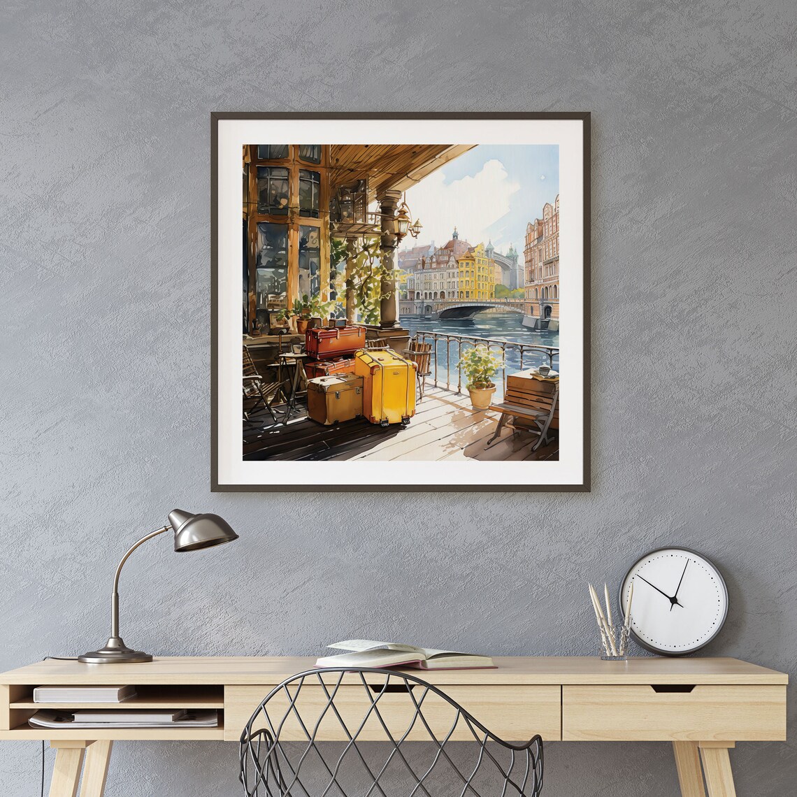 Watercolor City With Travelers Suitcases Framed Poster Cityscape River View Watercolor Poster Wall Art Watercolor Journey Poster - Image 2