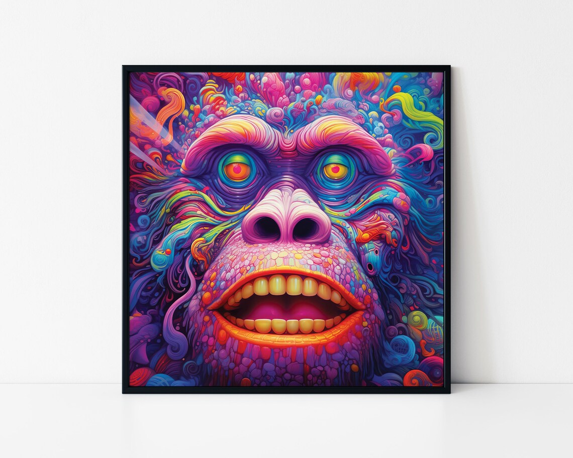 Psychedelic Gorilla Face Trippy Neon Ape Colorful Jungle Art Poster