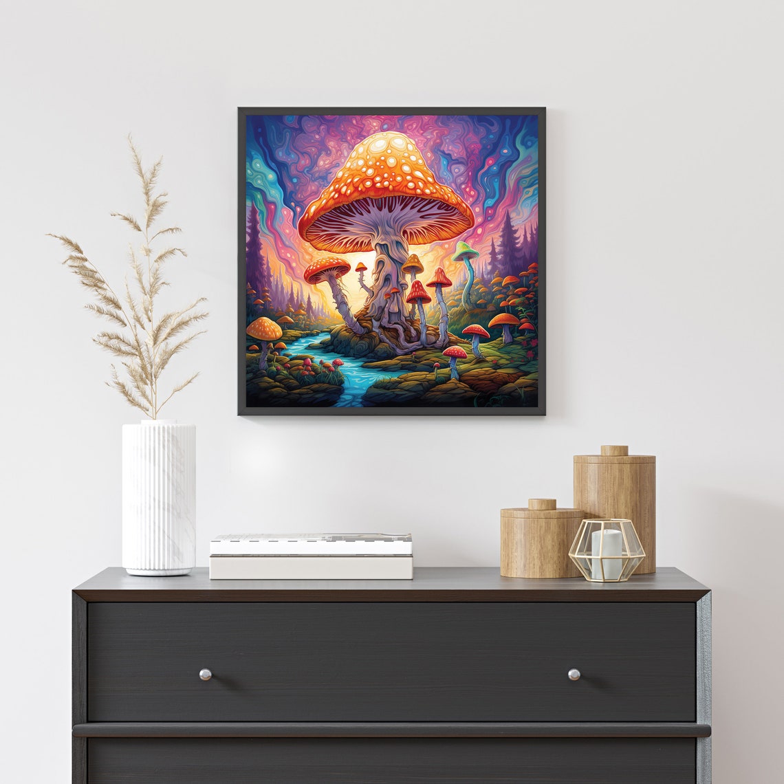 Psychedelic Mushroom Sunset Swirling Sky Trippy Amanita Poster - Image 4