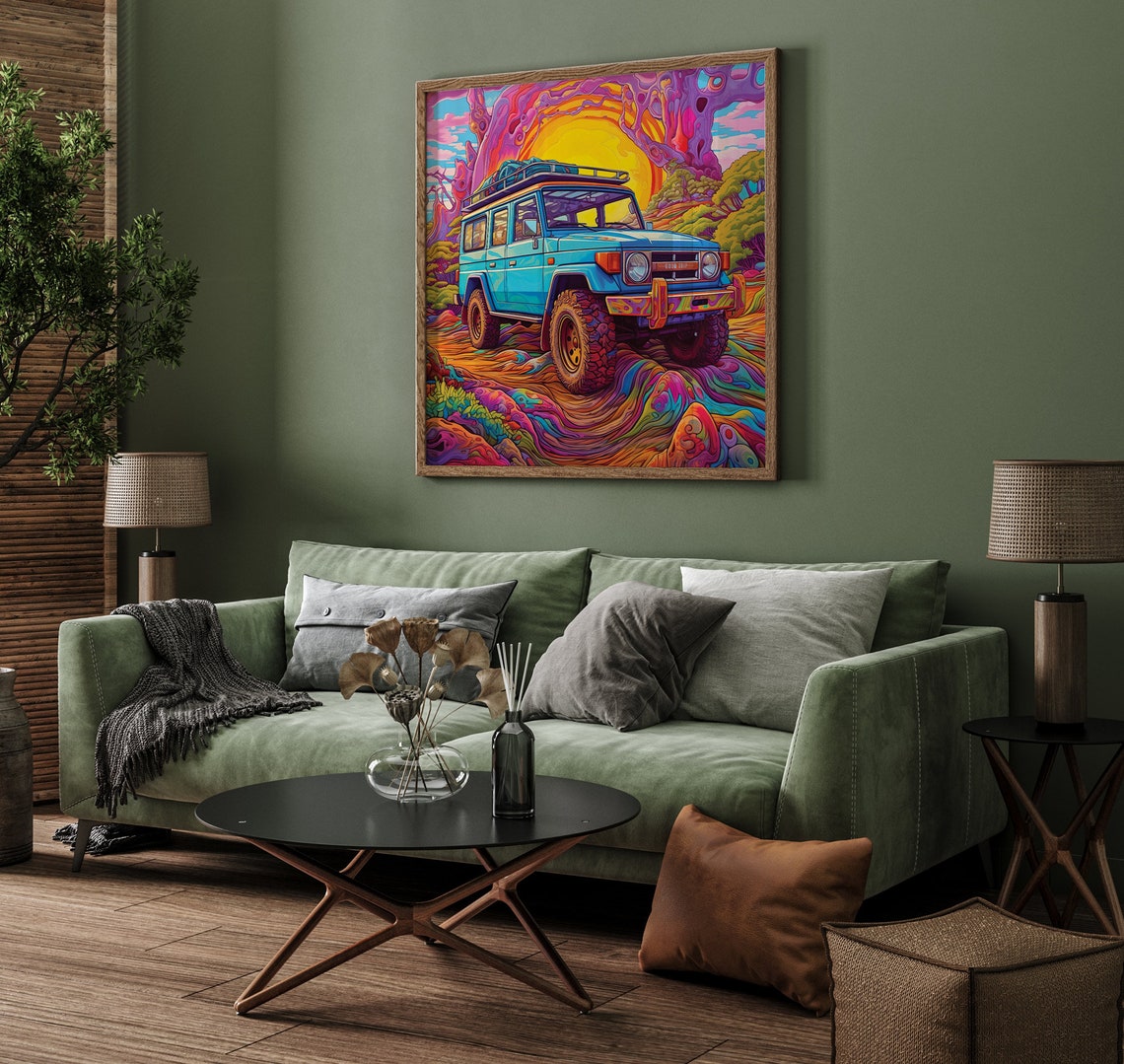 Blue 4x4 SUV Psychedelic Sunset Good Trip Road Adventure Poster - Image 2