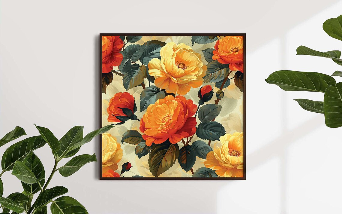 Beautiful Vintage Orange Yellow Roses Classic Elegant Floral Wall Art - Image 4