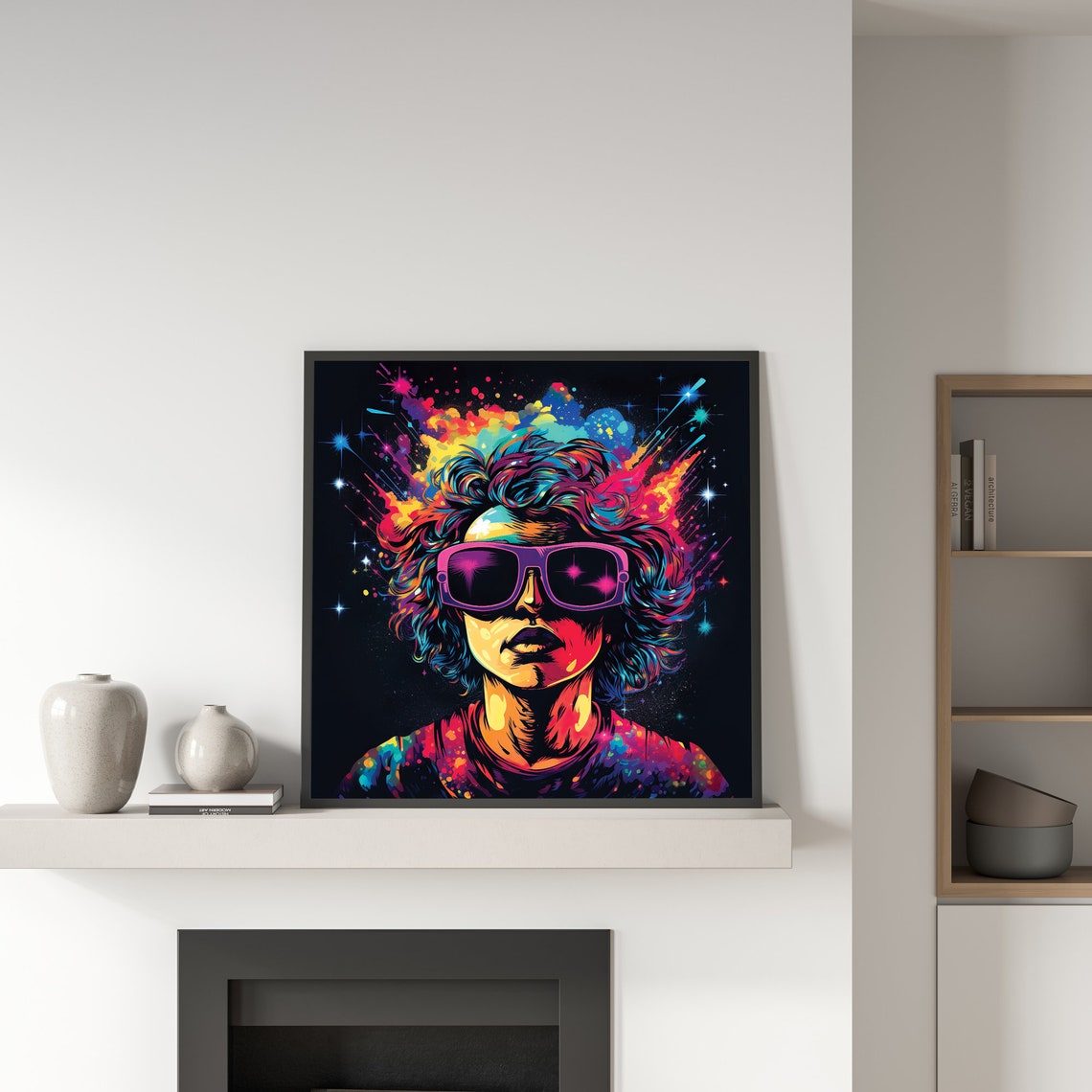 Neon Pop Art Woman Sunglasses Cosmic Starburst Style Portrait Print - Image 4