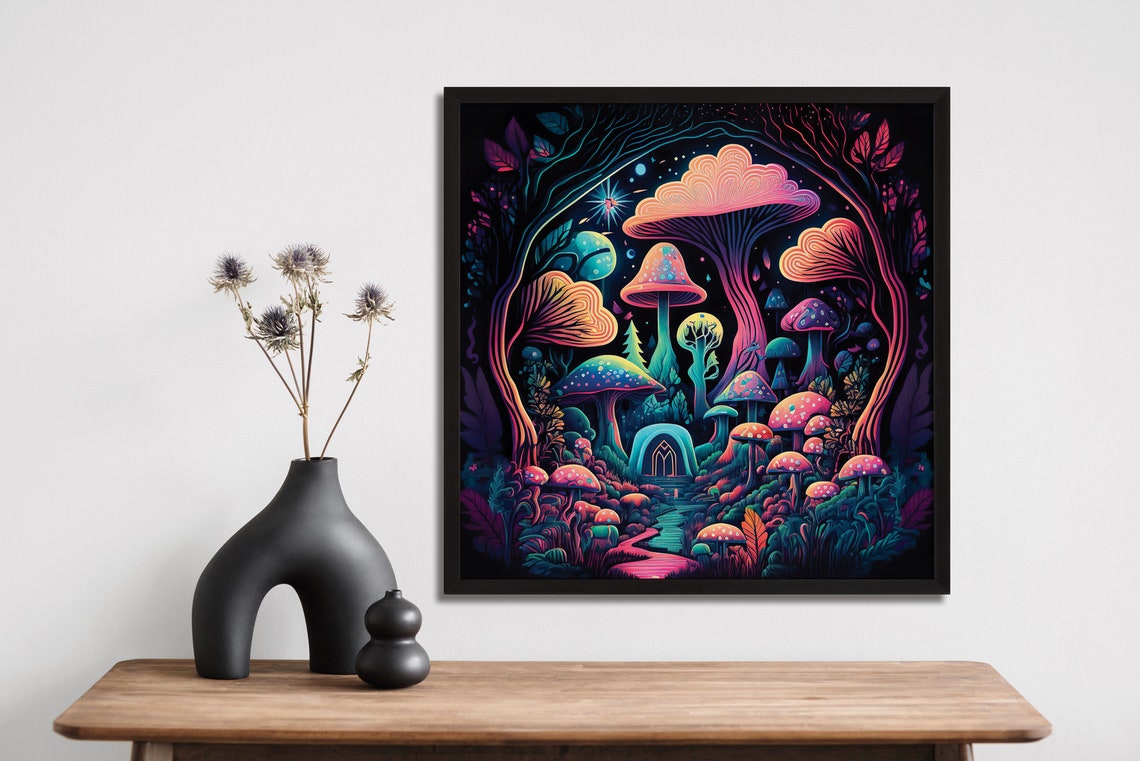 Neon Psychedelic Mushroom Forest With Tiny Door Fantasy Art Poster - Image 3