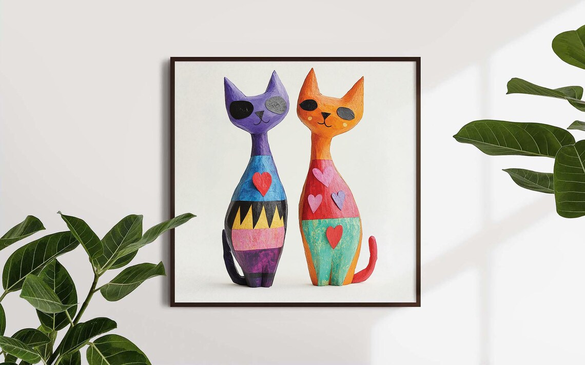 Folk Art Cats Hearts Colorful Pair Whimsical Handmade Style Poster - Image 2