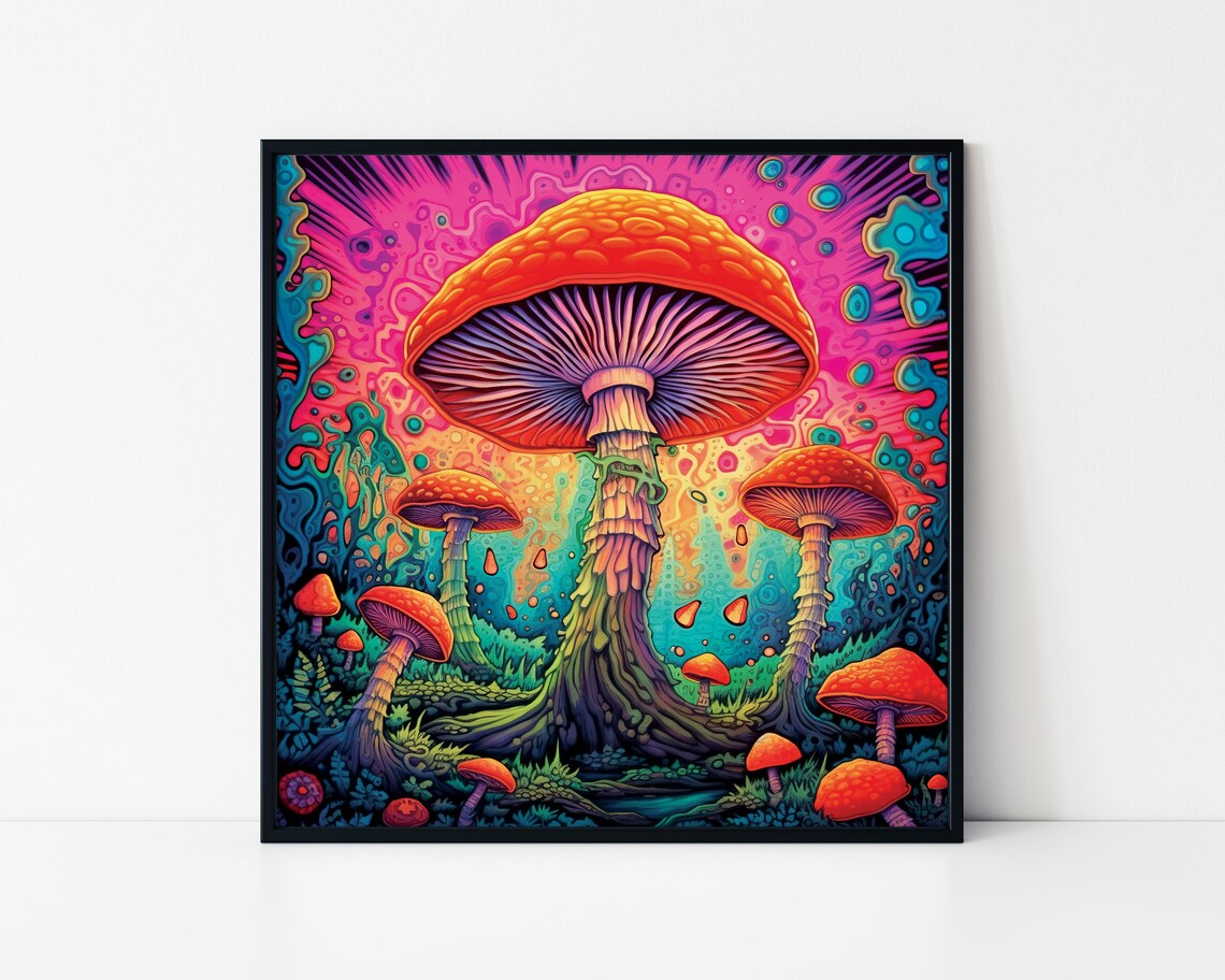 Giant Psychedelic Mushrooms Neon Forest Trippy Magic Fungi Poster