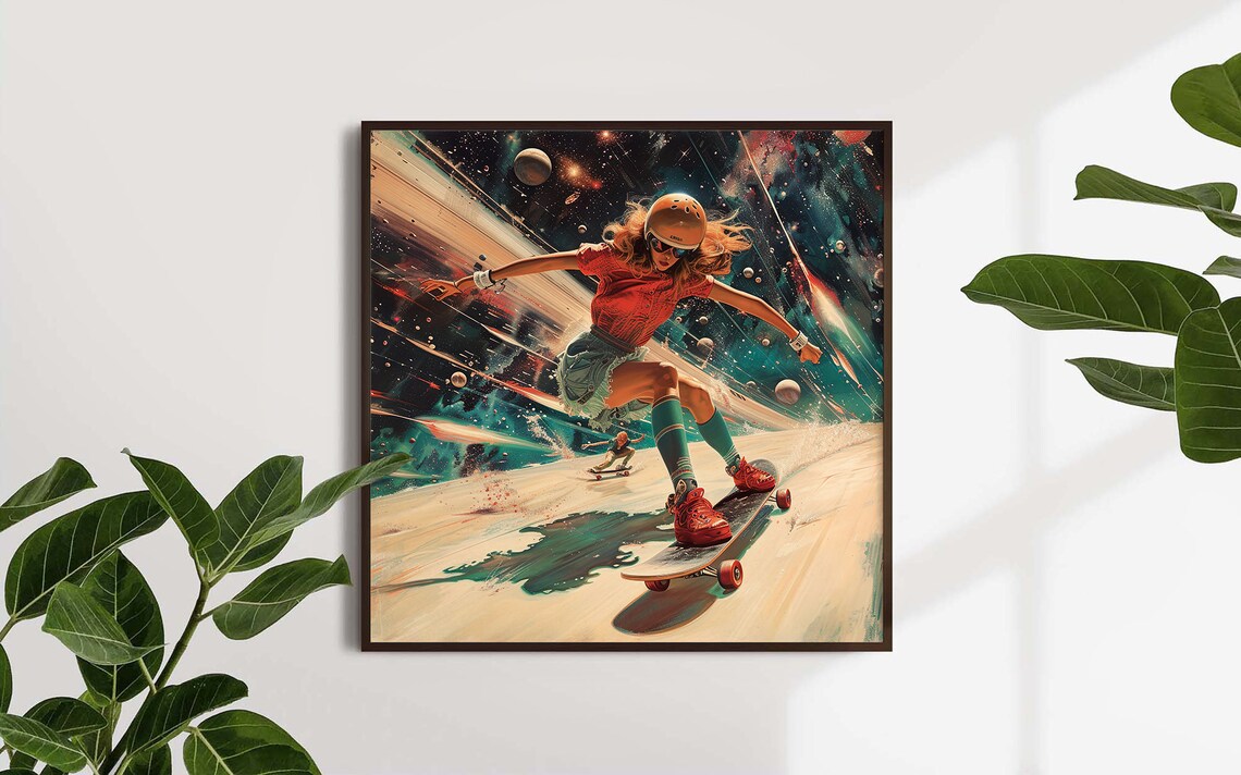 Woman Skateboarding Through Space Vintage Cosmic Skater Art Poster - Image 4