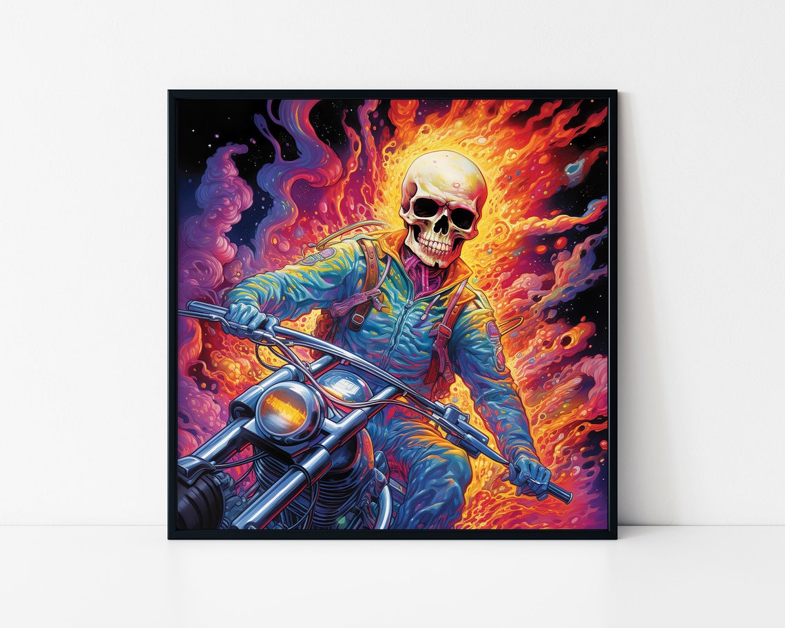 Flaming Skeleton Biker Psychedelic Fire Neon Rider Art Print