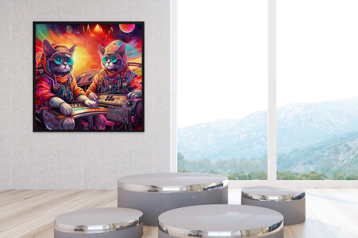 Astronaut Cats DJ Space Cosmic Kitty Music Party Fun Art Poster - Image 5