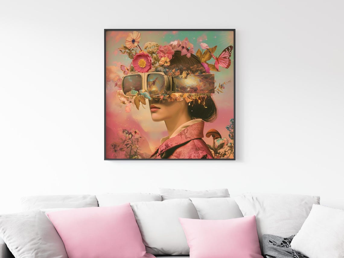 Futuristic Woman VR Goggles Floral Dream Surreal Collage Poster - Image 4