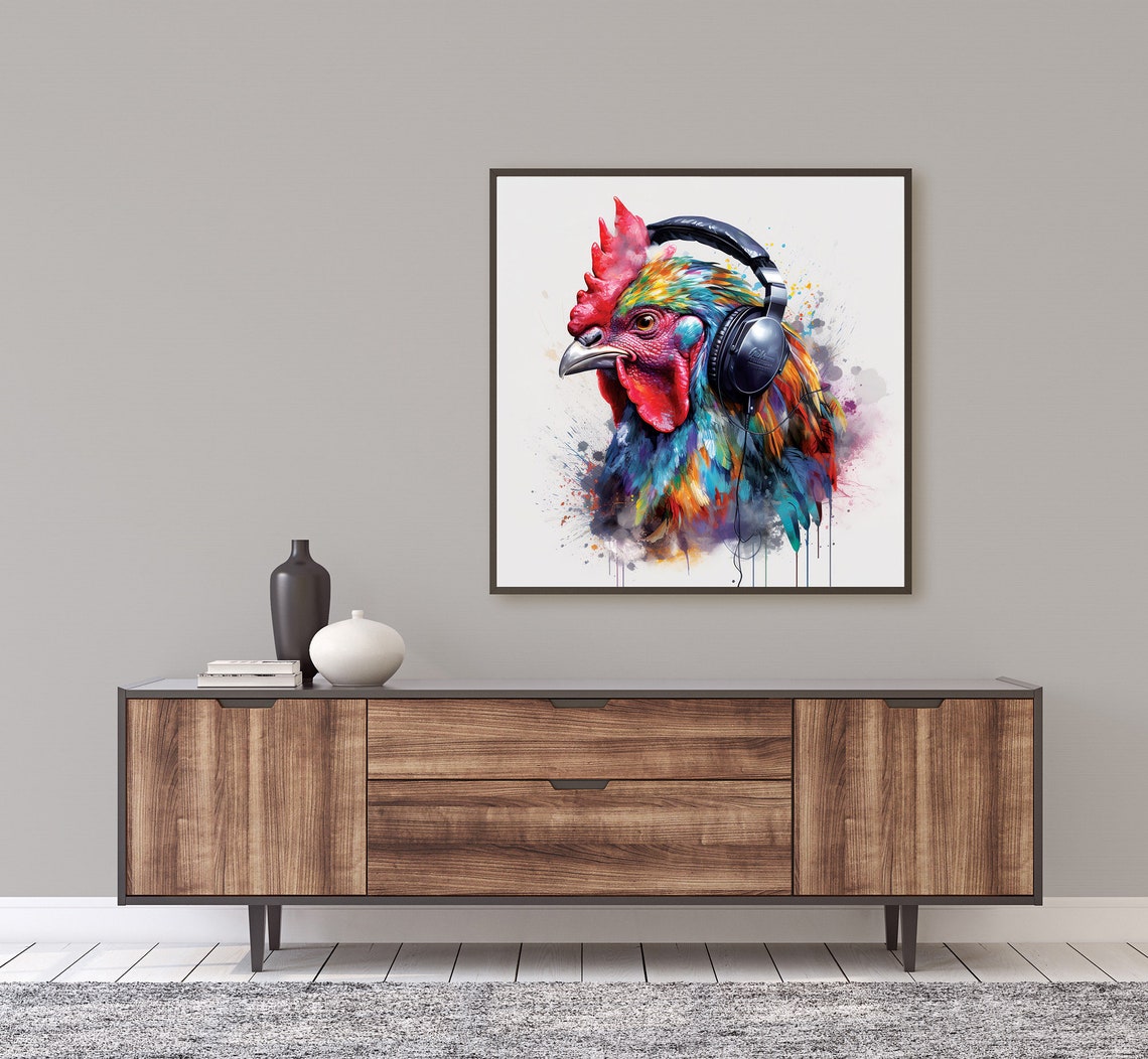 Rooster With Headphones Framed Poster Painting Of Rooster With Headphones Rooster Wall Art Home Decoration Animal Lovers Colors Splash - Image 5