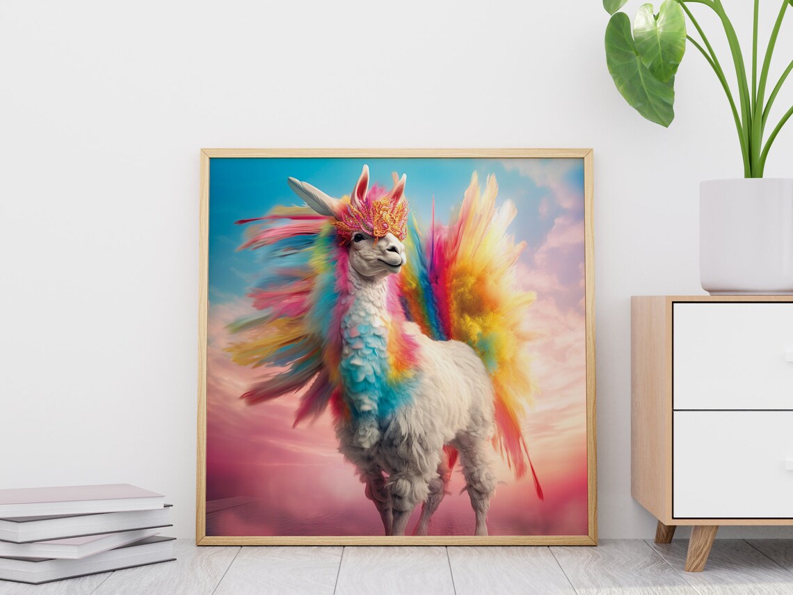 Rainbow Alpaca With Colorful Feathered Mane Fantasy Animal Art Poster - Image 4