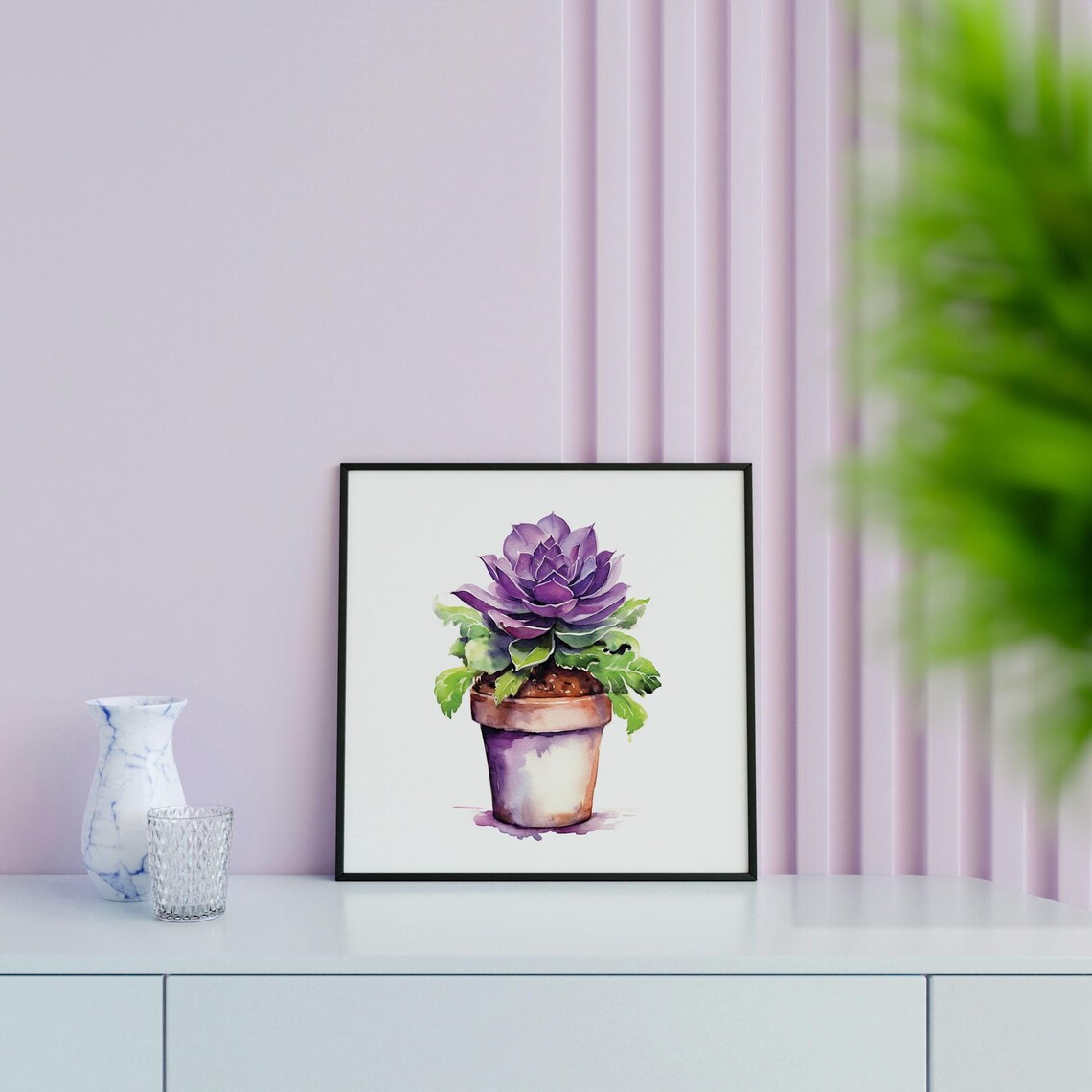 Purple Succulent Terracotta Pot Watercolor Plant Botanical Wall Art - Image 3