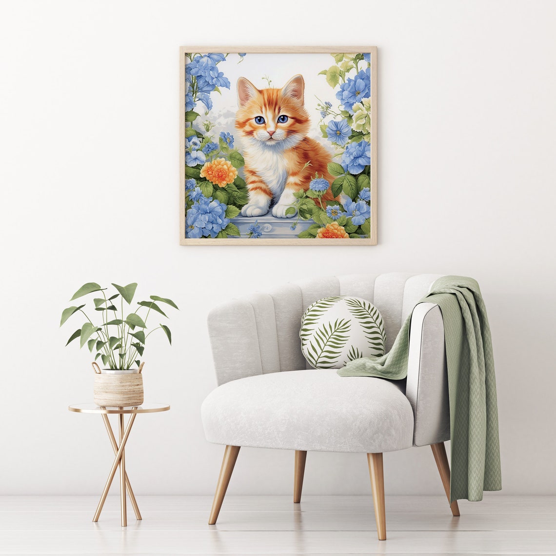 Orange Kitten Blue Flowers Cute Ginger Cat Floral Garden Poster - Image 5