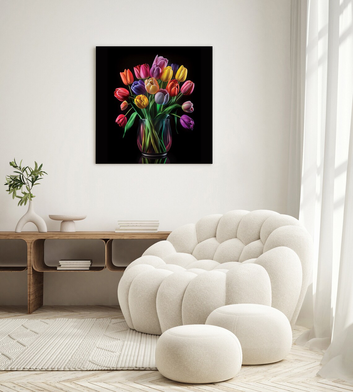 Colorful Tulip Bouquet Glass Vase Dark Moody Floral Still Life Poster - Image 2