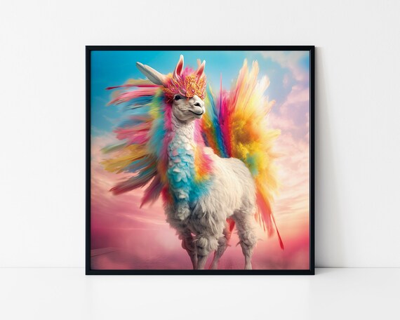 Rainbow Alpaca With Colorful Feathered Mane Fantasy Animal Art Poster