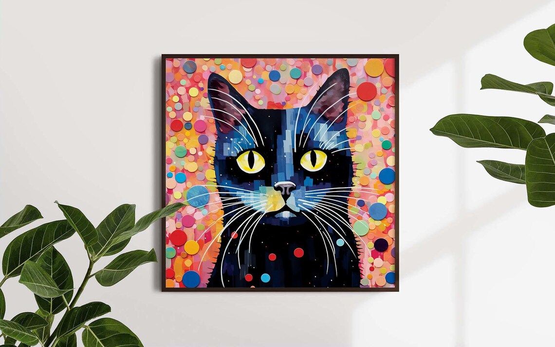 Black Cat Confetti Dots Colorful Mosaic Playful Feline Art Poster - Image 2
