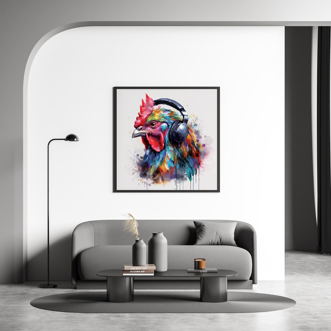 Rooster With Headphones Framed Poster Painting Of Rooster With Headphones Rooster Wall Art Home Decoration Animal Lovers Colors Splash - Image 4