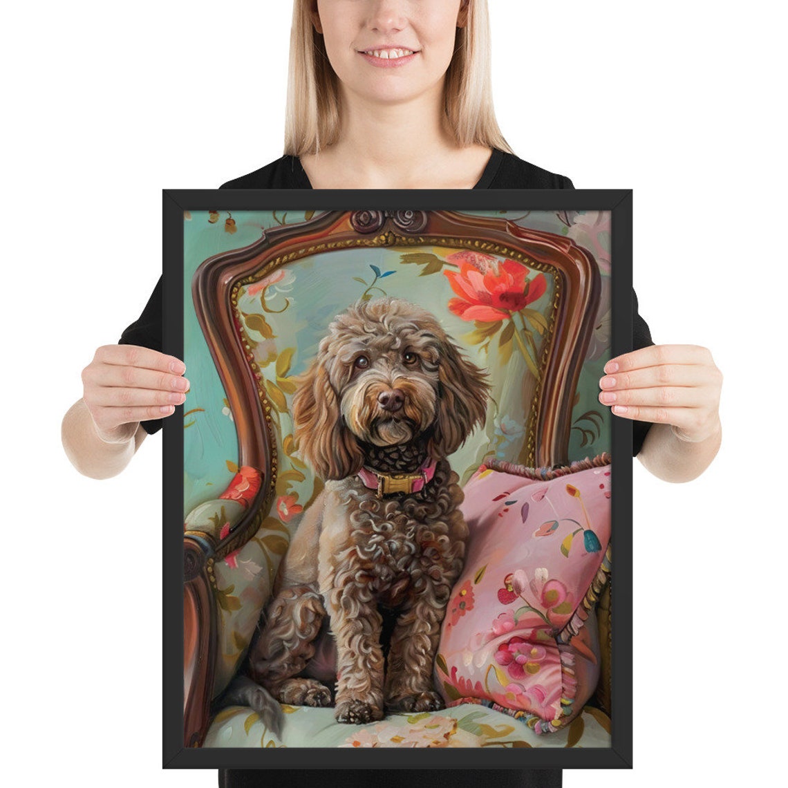 Elegant Labradoodle Sitting On An Antique Chair In Oil Painting Style Framed Poster Elegant Dog Portrait Dog Wall Art Dog Lover Gift - Image 2