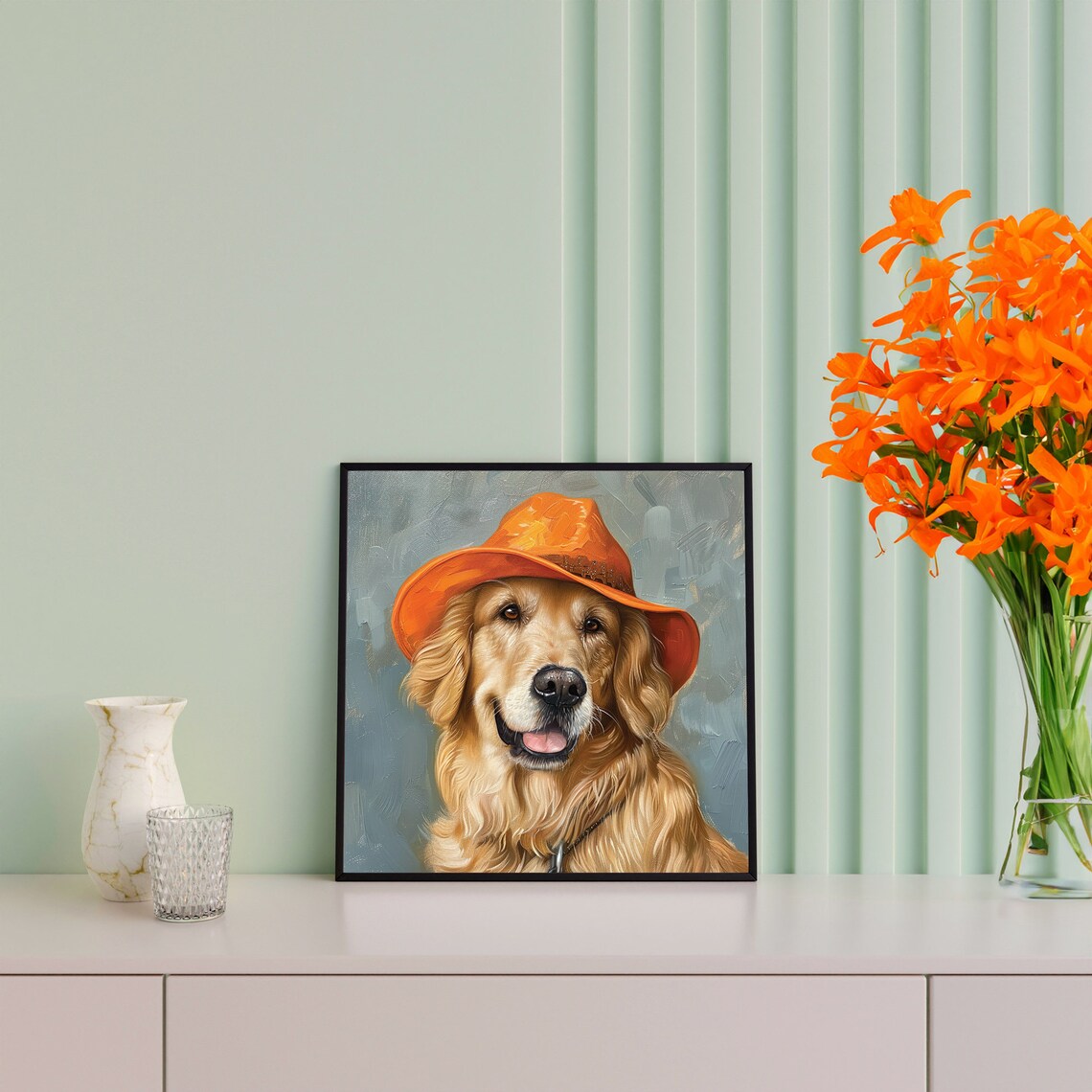 Golden Retriever Smiling Orange Hat Oil Painting Dog Portrait Poster - Image 5