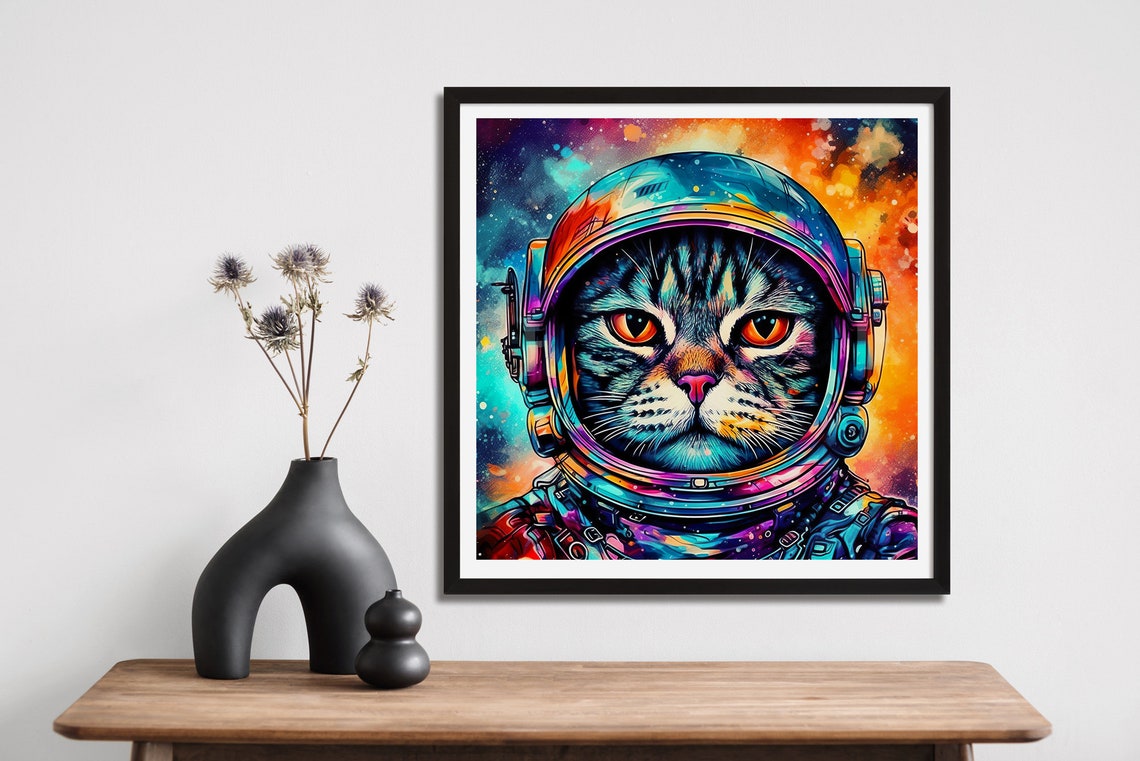 Cat Astronaut In Space Helmet Colorful Psychedelic Tabby Art Poster - Image 4