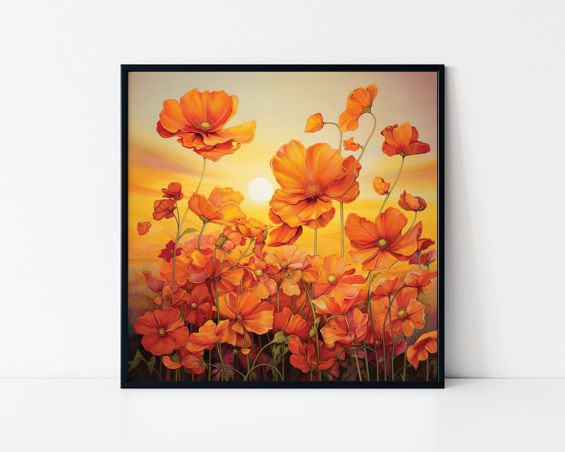 Orange Poppy Flowers At Golden Sunset Warm Floral Field Art Poster