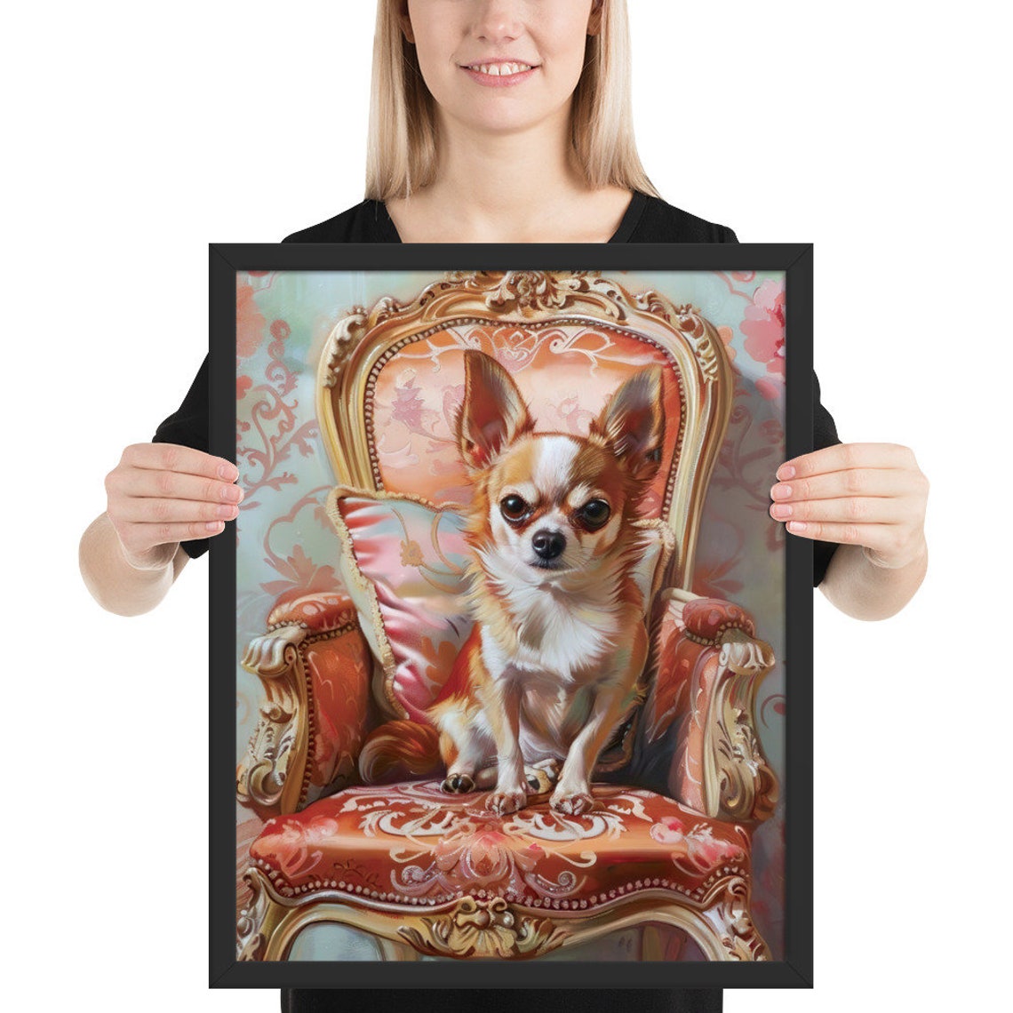 Elegant Chihuahua Dog Sitting On An Antique Chair In Oil Painting Style Framed Poster Chihuahua Portrait Dog Wall Art Wall Hanging - Image 2