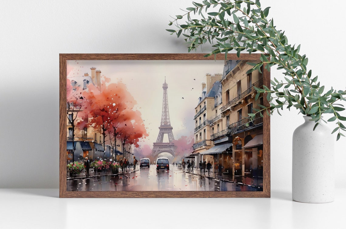 Paris Eiffel Tower Watercolor Rainy Street Autumn Trees Art Poster - Image 3