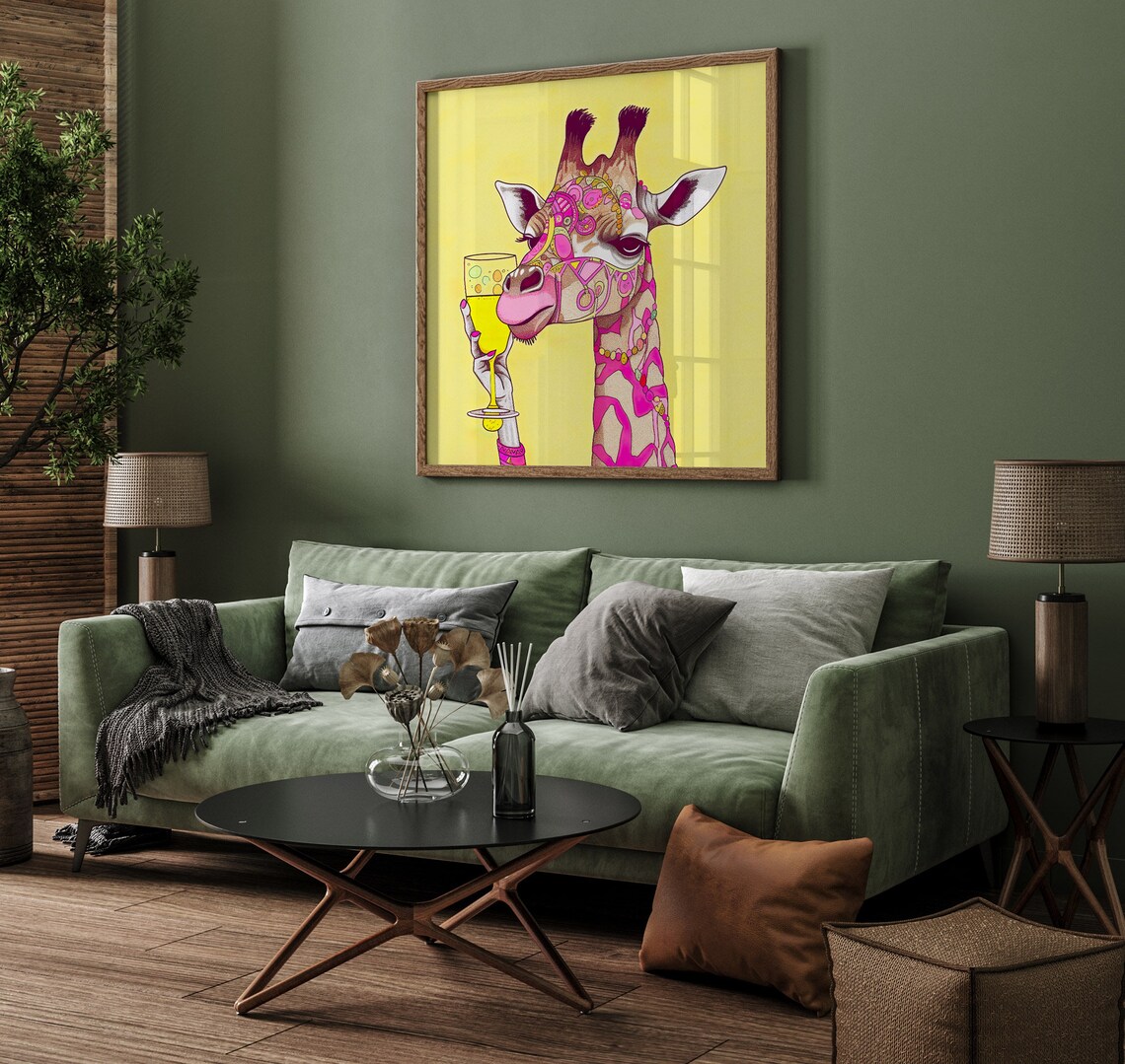 Pink Giraffe Drinking Wine Glass Pop Art Funny Animal Poster - Image 2