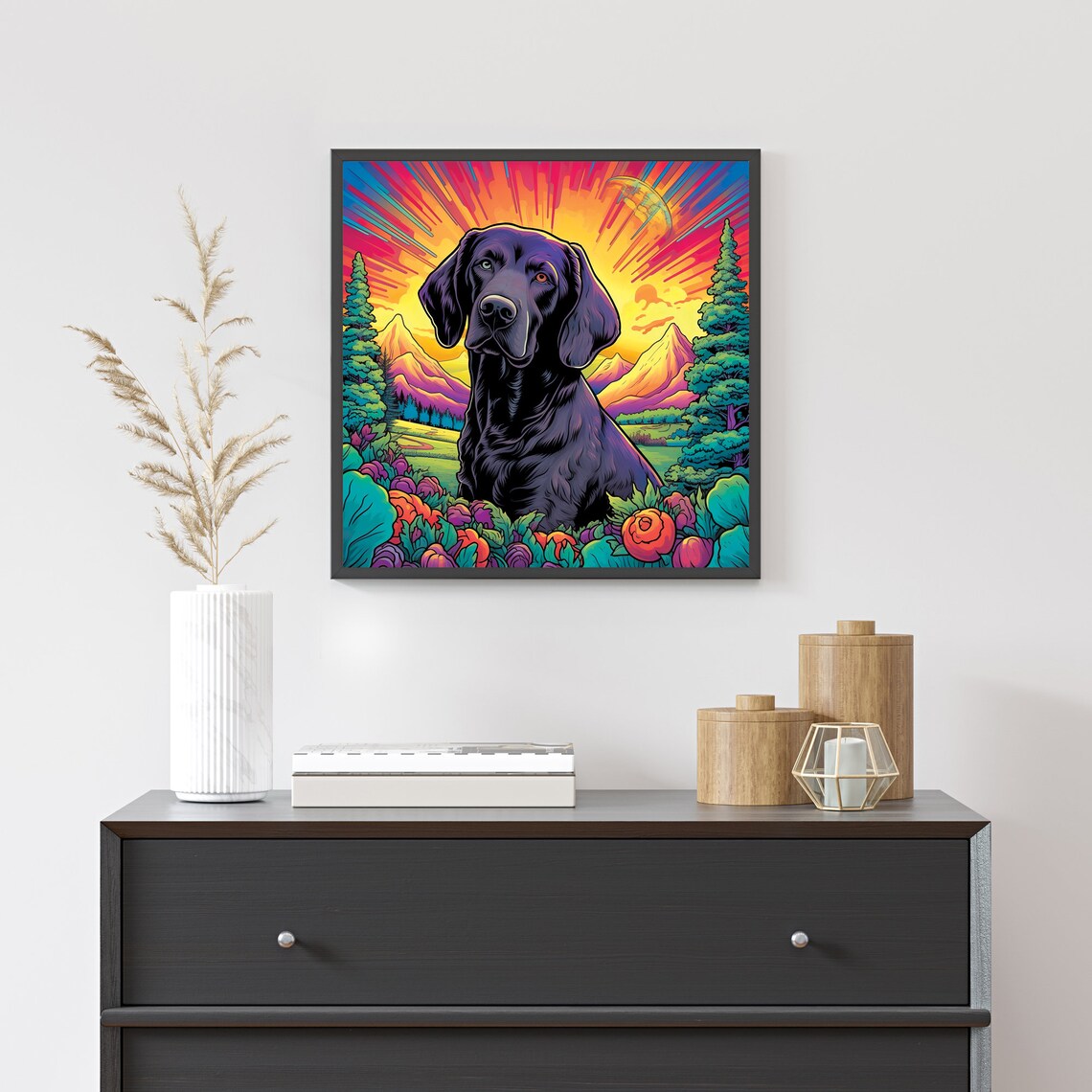 Black Labrador Sunset Mountains Psychedelic Dog Meadow Art Poster - Image 5