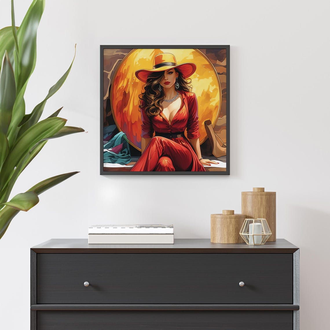 Illustration Of Gorgeous Woman In Red Posing Framed Poster Woman In Red Dress And Big Hat Woman In Red Wall Art Wall Hanging Illustration - Image 3