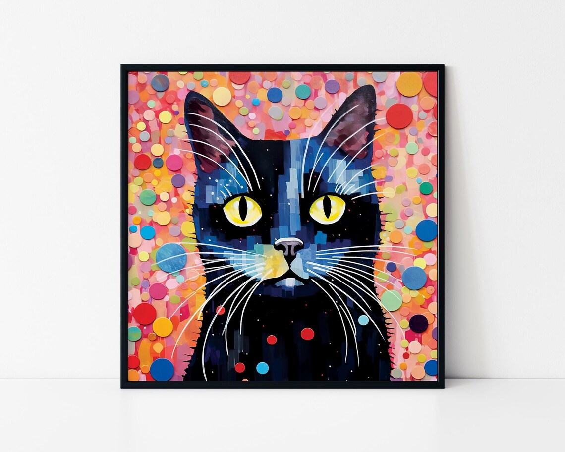 Black Cat Confetti Dots Colorful Mosaic Playful Feline Art Poster