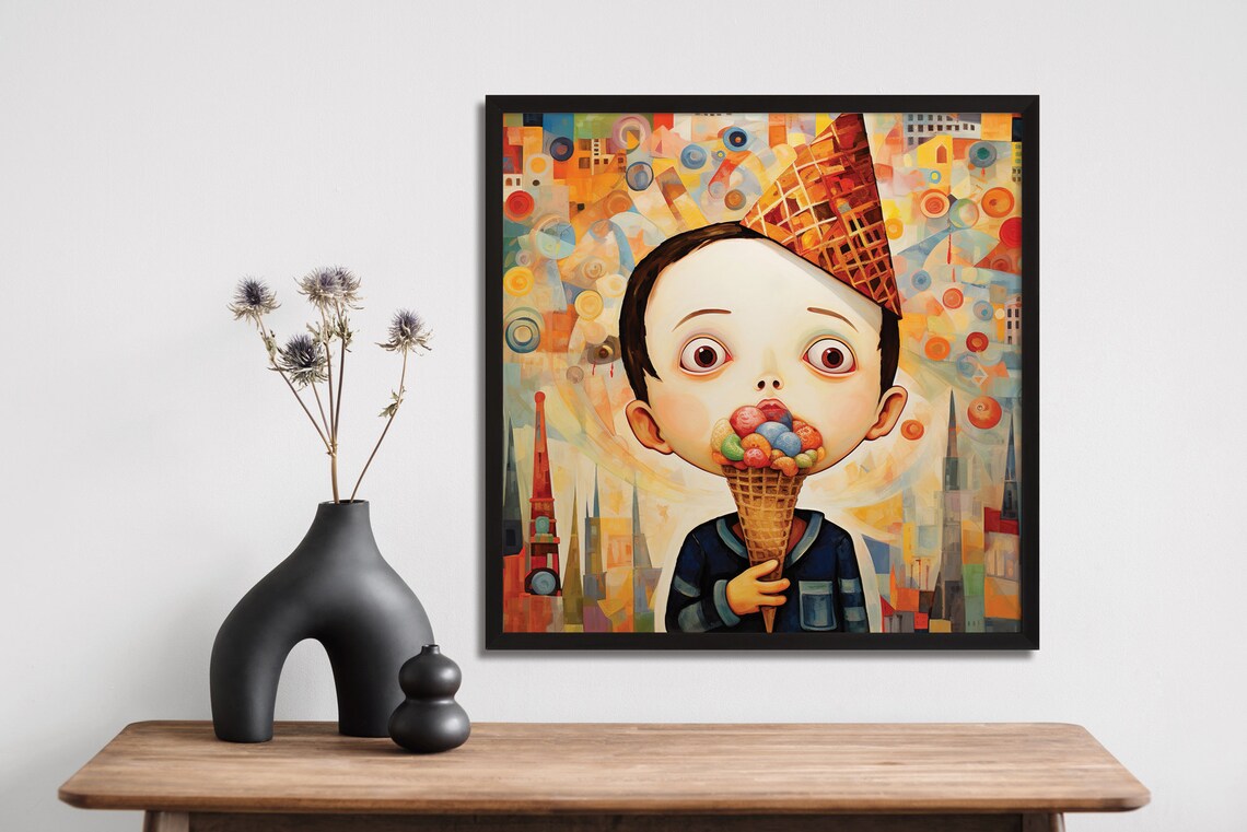 Whimsical Boy Eating Ice Cream Big Eyes Abstract City Kids Art Print - Image 4