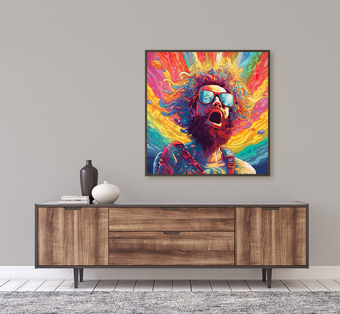 Joyful Bearded Man Sunglasses Rainbow Hair Psychedelic Rock Poster - Image 2