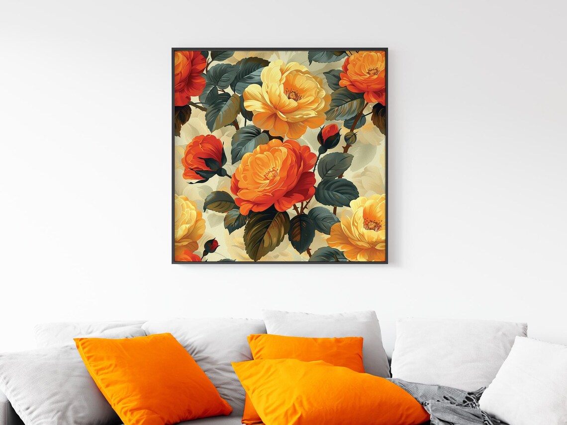 Beautiful Vintage Orange Yellow Roses Classic Elegant Floral Wall Art - Image 3