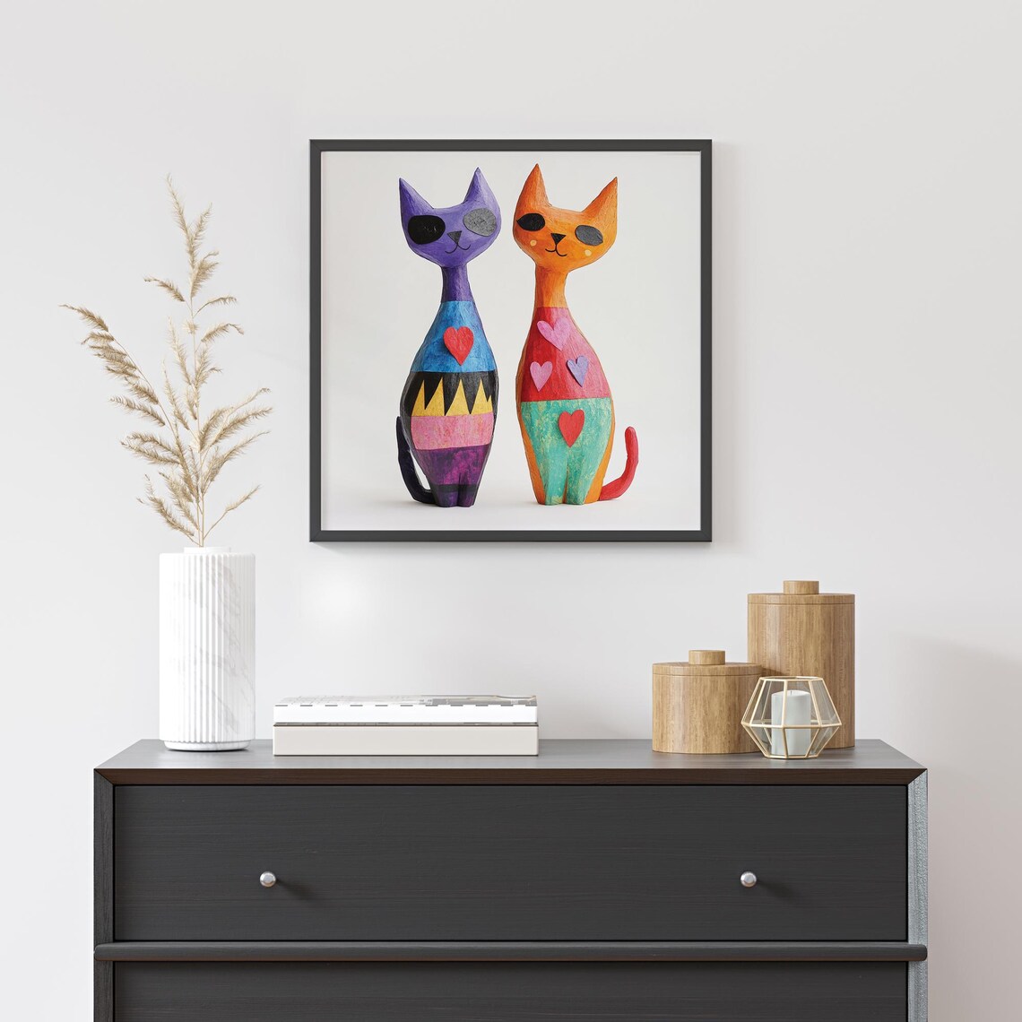 Folk Art Cats Hearts Colorful Pair Whimsical Handmade Style Poster - Image 3