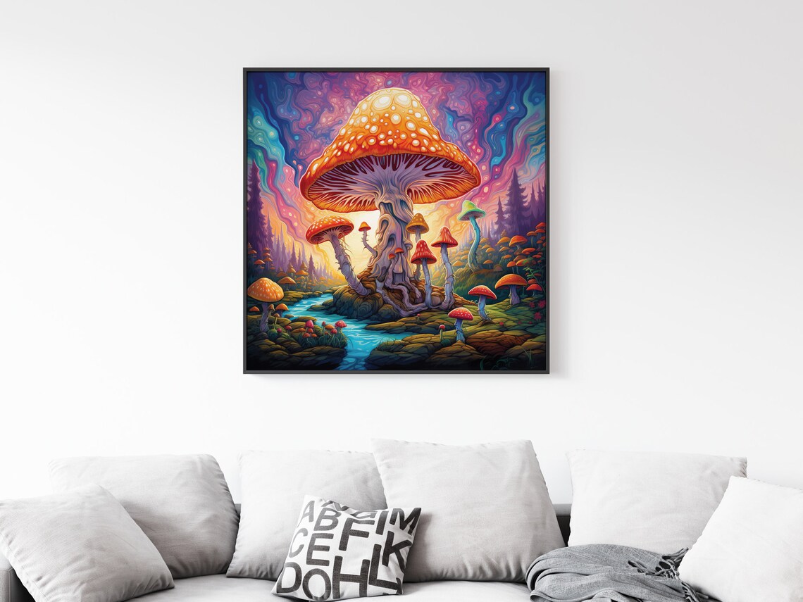 Psychedelic Mushroom Sunset Swirling Sky Trippy Amanita Poster - Image 5