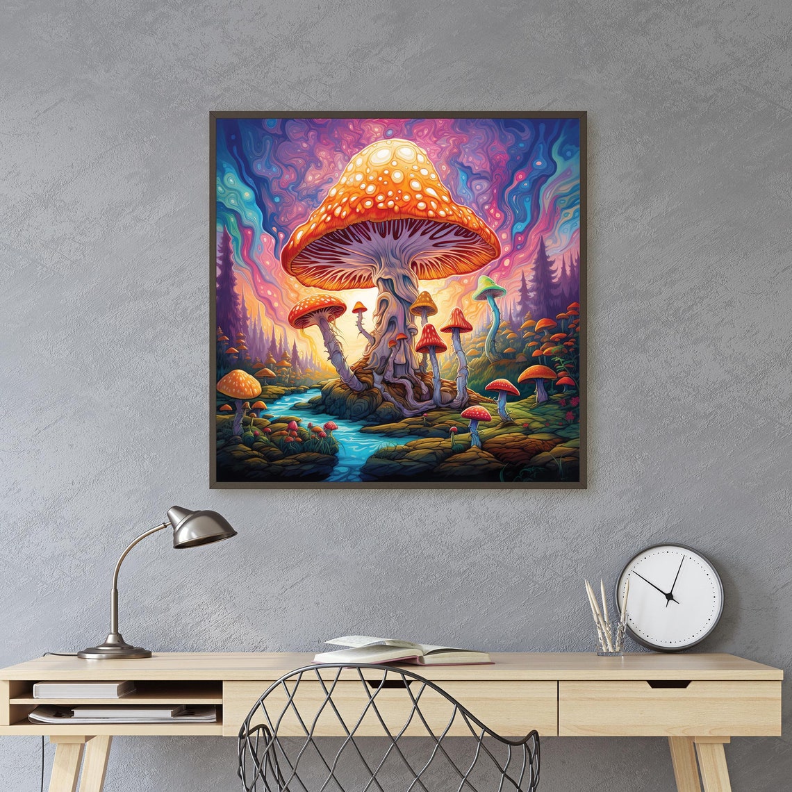 Psychedelic Mushroom Sunset Swirling Sky Trippy Amanita Poster - Image 2