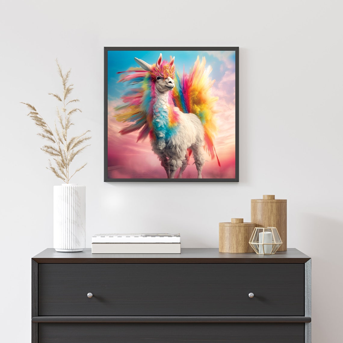 Rainbow Alpaca With Colorful Feathered Mane Fantasy Animal Art Poster - Image 3
