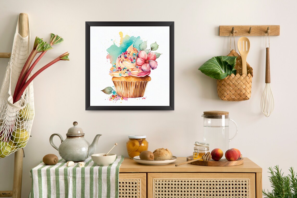Watercolor Cupcake With Flowers Art Print, Kitchen Decor - Image 2