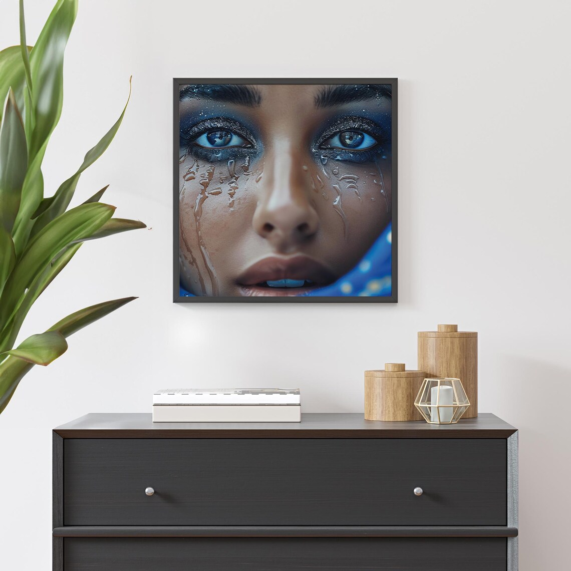 Tearful Blue Eyes Water Droplets Glitter Makeup Beauty Portrait Print - Image 3