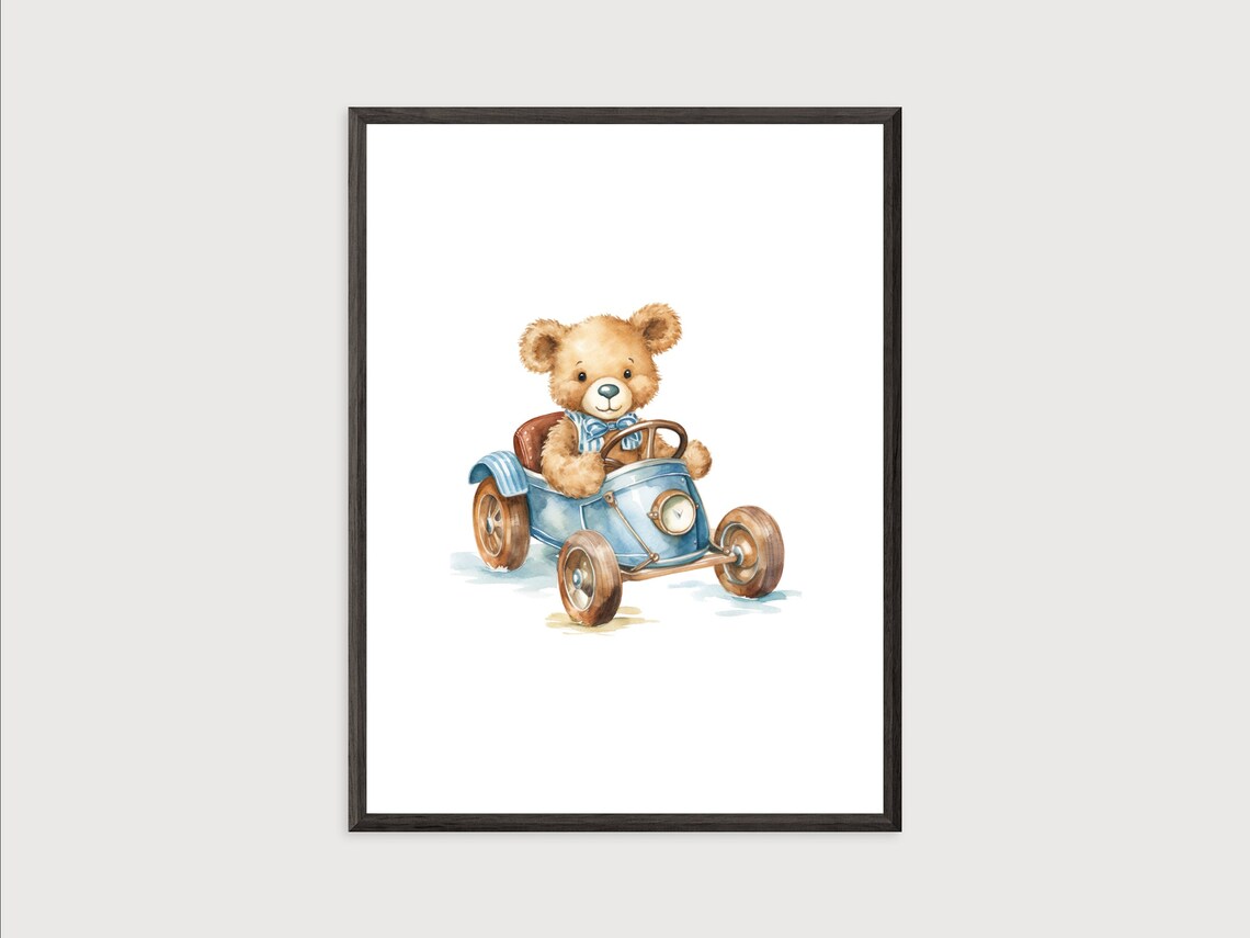 Adorable Teddy Bear Driving a Vintage Blue Toy Car Nursery Poster - Image 2