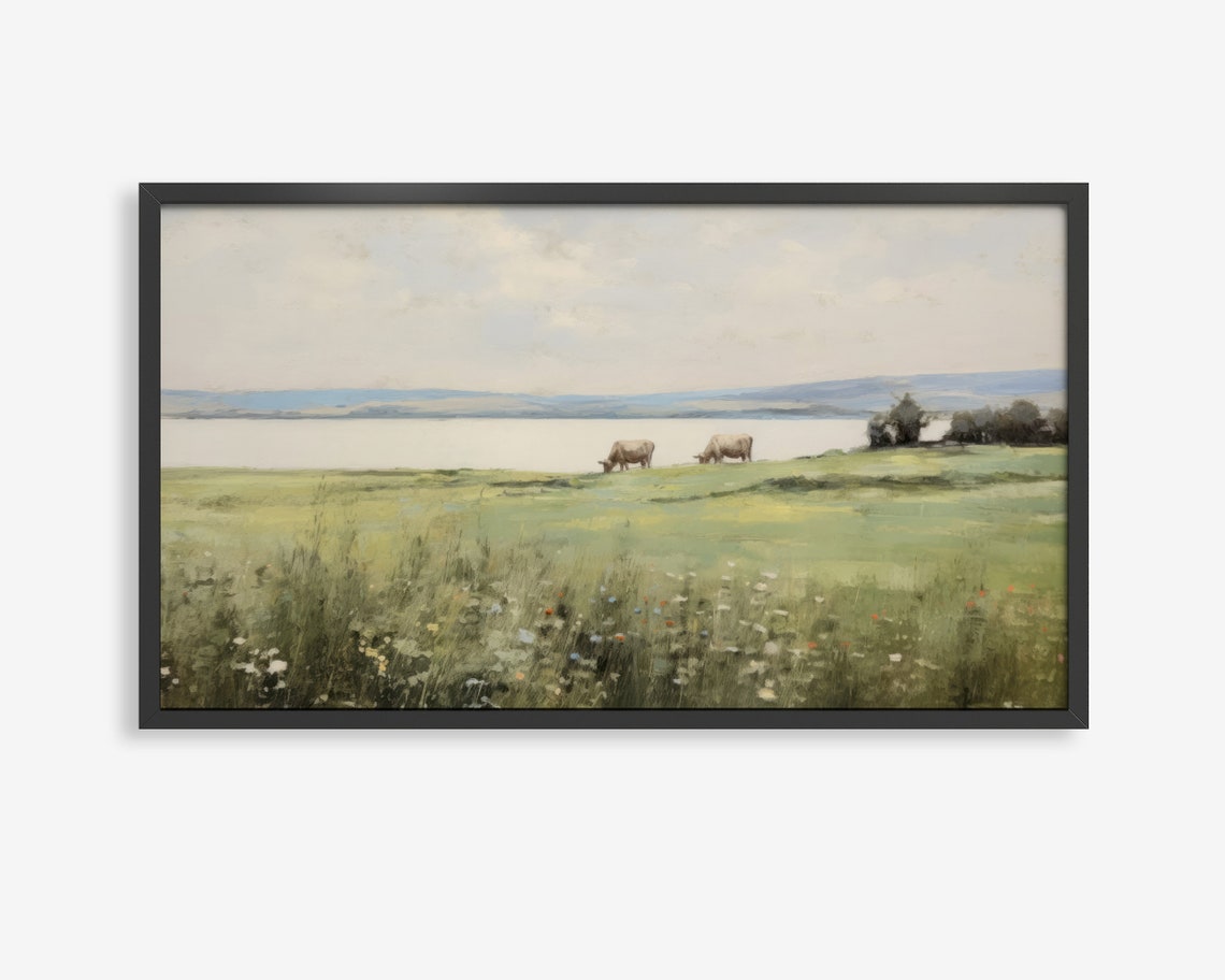 Spring Meadow Cows Grazing Wildflower Frame TV Digital Art Poster