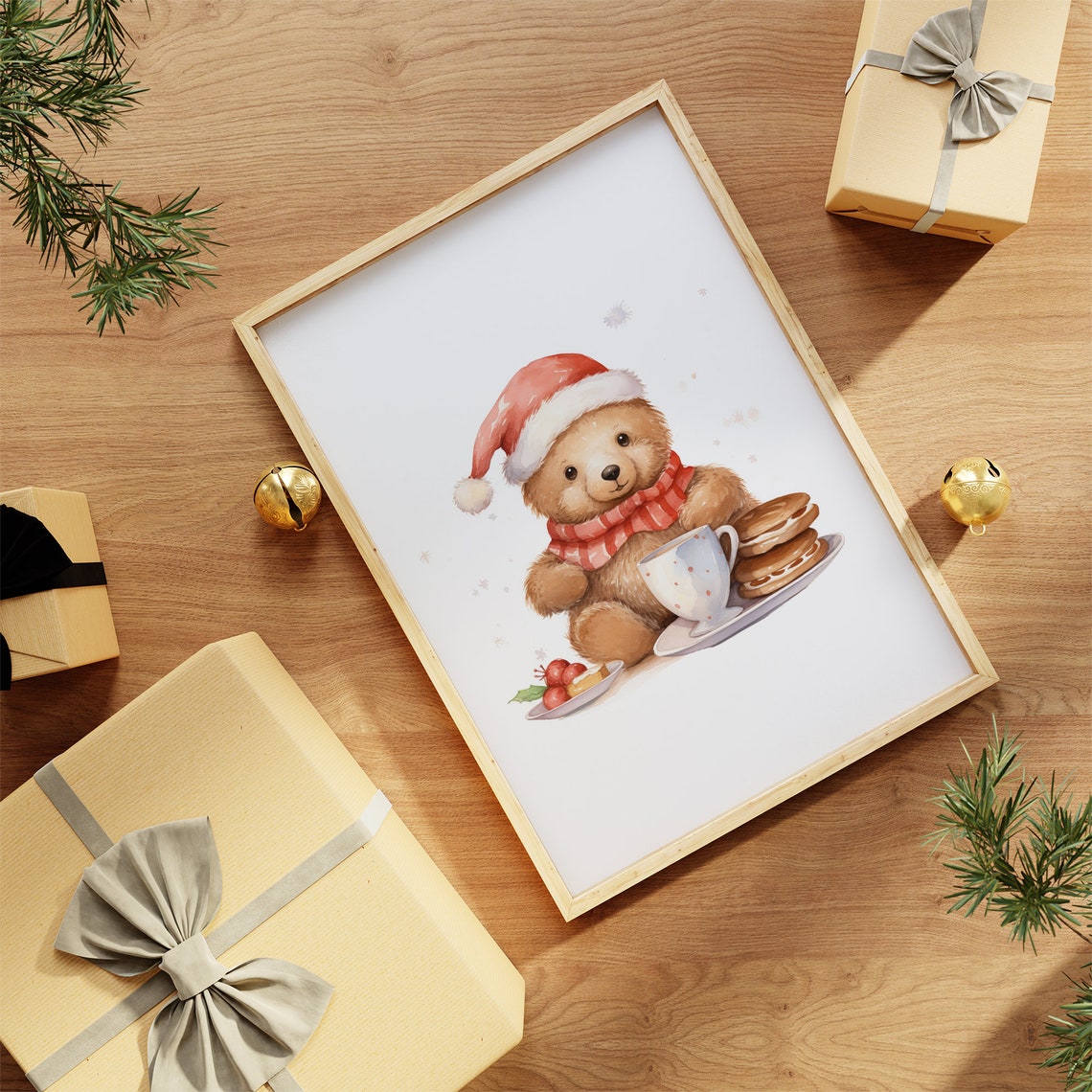 Christmas Teddy Bear Santa Hat Festive Tea and Cookies Nursery Poster - Image 2