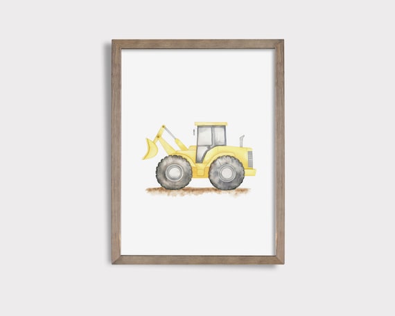 Yellow Wheel Loader Watercolor Poster, Kids Construction Decor
